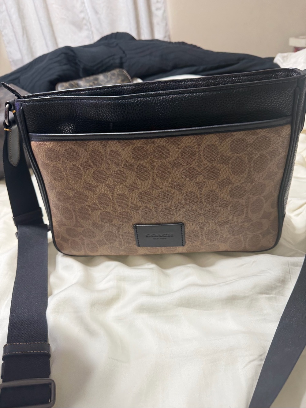 Coach Signature Canvas Crossbody with Black Leather Trim